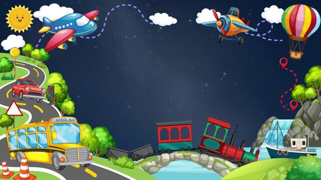 Cartoon Transportation Border Animation with Clear Night Sky Frame