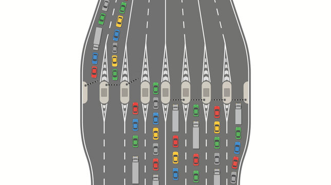 Aerial View Toll Booth Highway Vehicle Queue Flat Vector Illustration