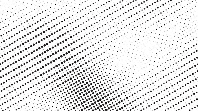 Black and white halftone dot pattern with flowing diagonal waves and gradient density, creating a modern abstract background for posters, branding, print, technology and design.