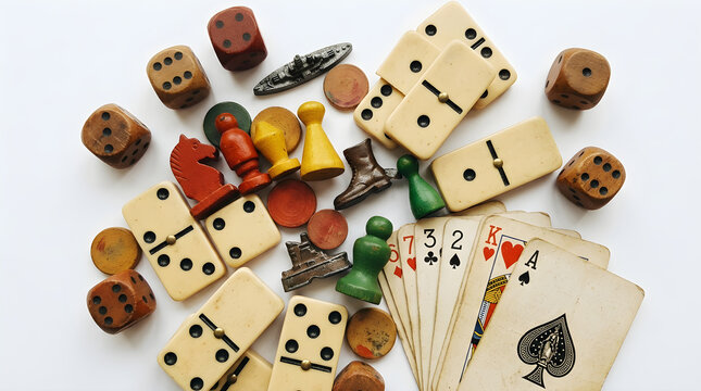 Vintage Board Game Pieces Dominoes Dice and Playing Cards on White