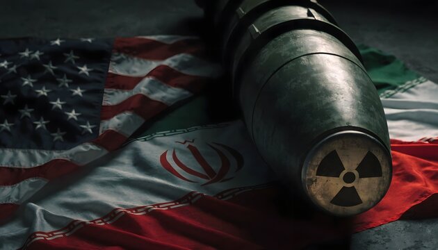 Nuclear Bomb on US and Iran Flags &ndash; Geopolitical Tension and Conflict Concept