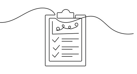 Obraz premium Clipboard checklist continuous line art featuring a document board with check marks and editable stroke vector format.