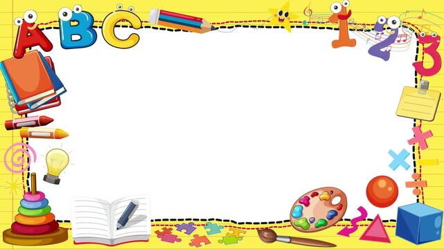 Animated Cartoon School Supplies Frame with Blank Copy Space