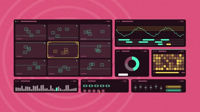 Animated security camera grid alert in coral and magenta on a deep dark background. Seamless looping 4K dashboard motion graphics with free space for text, ideal for product videos, business presentat