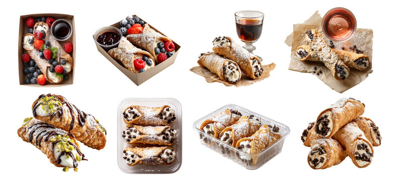 Set of Cannoli cannolo, crispy fried shell with sweet creamy filling cheese traditional Italian pastry, takeout box container with fruits berries, with wine, stack pile, transparent cutout PNG Mockup