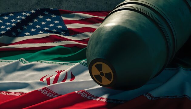 Nuclear Bomb on US and Iran Flags &ndash; Geopolitical Tension and Conflict Concept