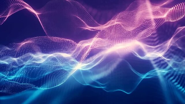 Abstract particle waves in purple and blue colors flow and undulate over a dark gradient background. Animated scene combines particles and waves with glowing light.
