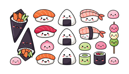 Cute kawaii sushi vector character set japanese food maki nigiri onigiri dango mochi dessert illustration © MdFahim
