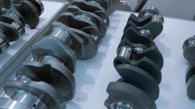 Samples of new crankshafts for various engines are presented at the exhibition. Closeup. Shot in motion