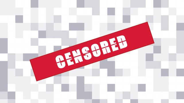 Red censored labels floating over pixelated motion background. 4K Video