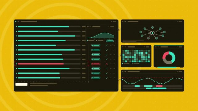 Animated vehicle diagnostics systems checked in yellow and gold on a deep dark background. Seamless looping 4K dashboard motion graphics with free space for text, ideal for product videos, business pr