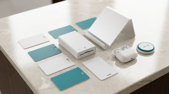 Hotel front-desk tech essentials knolled on a countertop: rfid keycards, card encoder, tablet stand, wireless earbuds and nfc reader for contactless check-in.
