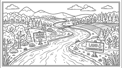 Fototapeta premium Stylized black and white landscape illustration with a winding river, trees, fields, and mountains, featuring signs for clean water and land