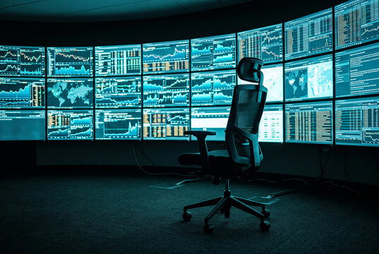 Empty chair facing a wall of glowing data screens, disengagement concept