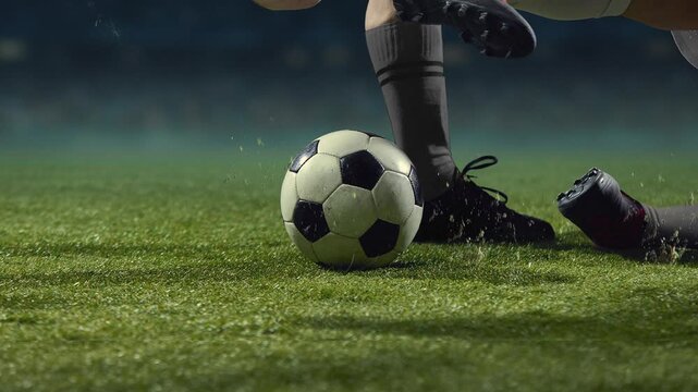 Football athletes approach a stationary ball in changing close-up shots on stadium field with focused energy. Sports advertising, match anticipation and football competition concept.
