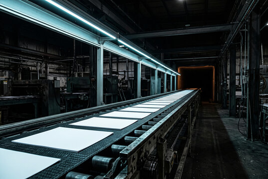 Conveyor carrying identical blank sheets into the dark, mass production concept