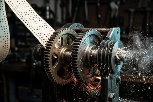 Machine gears shredding a perforated paper strip, data processing concept