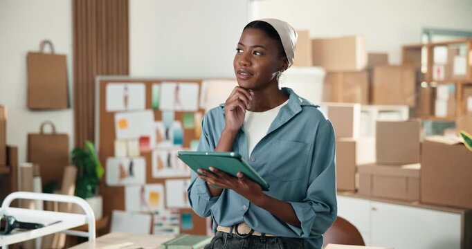 Startup, fashion and happy woman with tablet, logistics and reflection with online sales on website. Designer, thinking and black person with tech, reading or scroll ecommerce order in small business