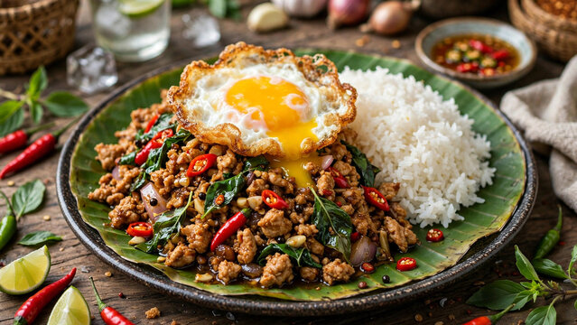 Thai pad krapow gai basil chicken with fried egg and jasmine rice
