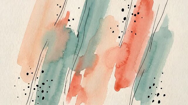 Abstract watercolor painting with pastel teal and coral brush strokes, black line art details, and ink dots on textured paper background.
