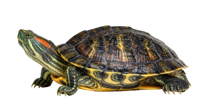 Red-eared slider turtle with patterned shell and striped neck, isolated on transparent background