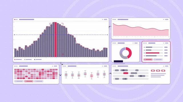 Animated podcast analytics episodes completing in violet and blue on a bright white background. Seamless looping 4K dashboard motion graphics with free space for text, ideal for product videos, busine