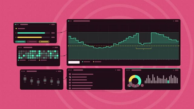 Animated live stream monitor bitrate in coral and magenta on a deep dark background. Seamless looping 4K dashboard motion graphics with free space for text, ideal for product videos, business presenta
