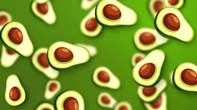Falling Avocado Halves Animation on Vibrant Green Background