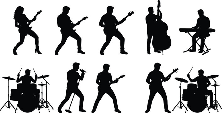 Musician silhouettes set featuring band members playing guitar bass drums keyboard and singing isolated on a white background