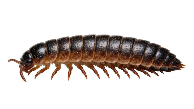 Dark brown segmented millipede with many legs, isolated on transparent background