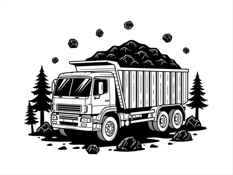 Dump truck carrying coal in forest setting