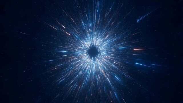 Blue particles radiate outward through a dark abstract digital space in a radial light burst. Technology presentation, science opener, and futuristic title sequence.