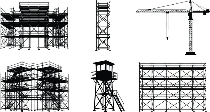 Scaffolding silhouette set including construction scaffold structures tower crane and watchtower isolated on a white background