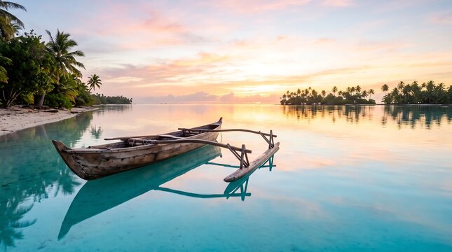 Traditional wooden outrigger canoe floating on calm turquoise lagoon water during colorful tropical sunset landscape