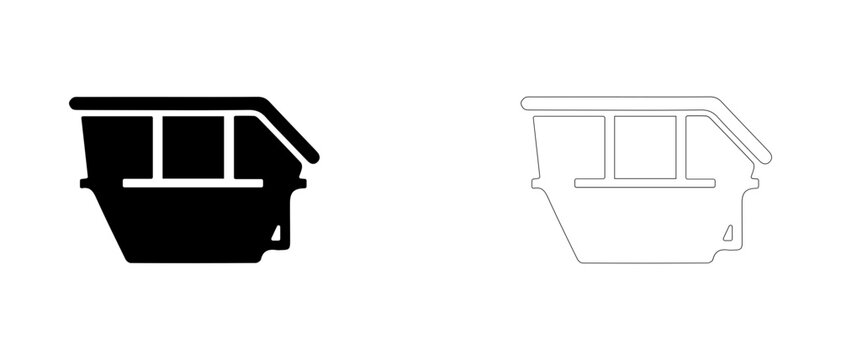 Heavy duty construction skip bin vector icon filled and outline, large waste container and removal symbol.
