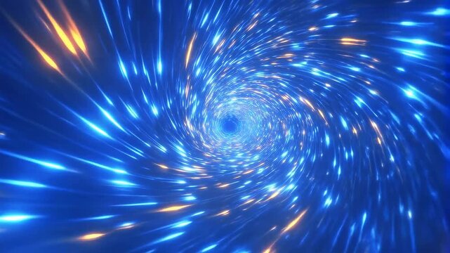 Blue light particles spiral through an abstract digital vortex tunnel. Technology presentations, science media, and futuristic title sequences.