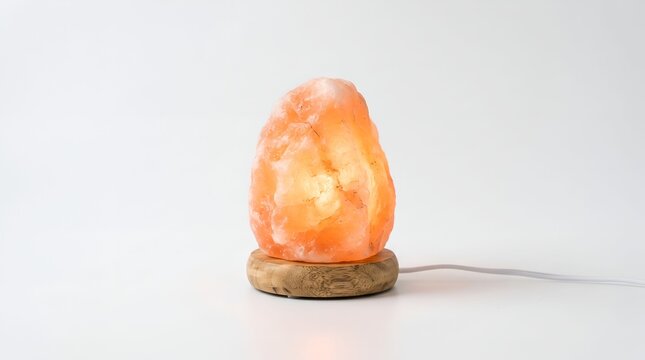 Glowing himalayan salt lamp on a stone base with himalayan