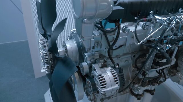 A new modern internal combustion engine for a truck is presented at the exhibition. Closeup. Shot in motion