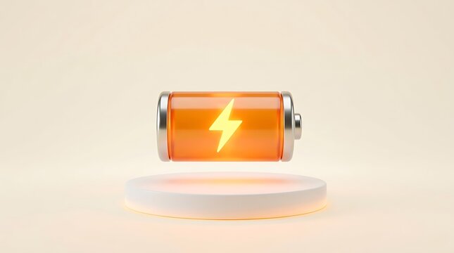 Bright orange battery icon with a glowing yellow lightning bolt symbol indicating power charge and energy for electronic devices and technology.