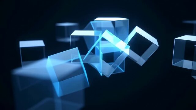 Translucent geometric cubes rotate and drift through a dark blue abstract space. Technology presentations, digital innovation media, and science and engineering projects.