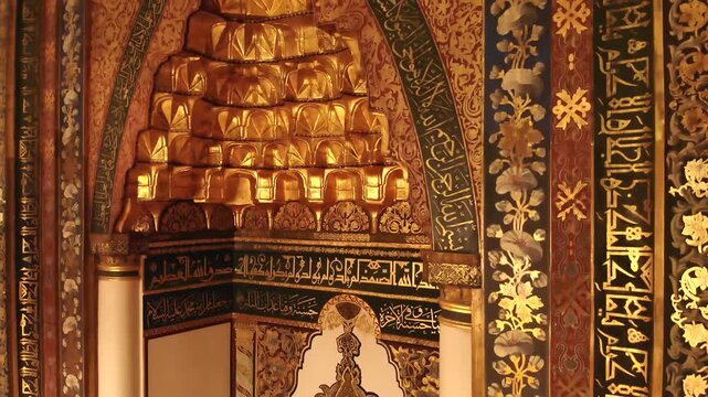 Mosque mihrab with Islamic art, ornate decoration, and sacred interior architecture in Turkey.