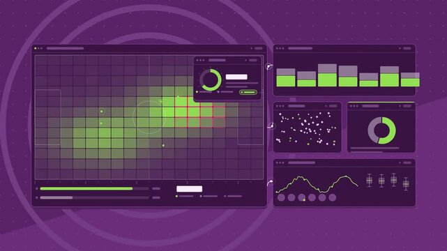 Animated match statistics pitch heatmap in violet and blue on a deep dark background. Seamless looping 4K dashboard motion graphics with free space for text, ideal for product videos, business present