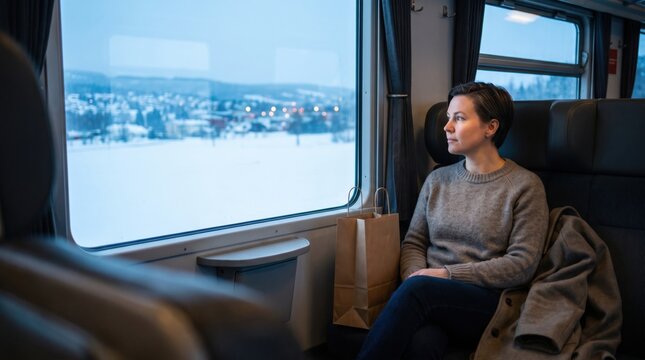 Thoughtful woman observing snowy landscape from train window during winter journey.