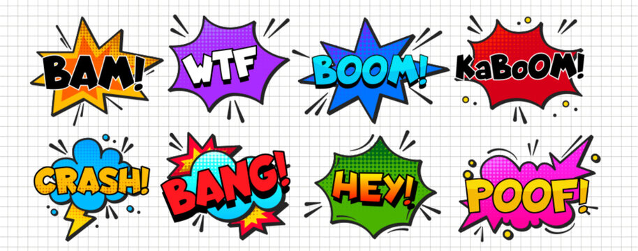 Comic pop art sticker with wow text effects. Vector cartoon set of colorful bold boom, crash, poof, bang exclamations, social media speech bubbles, manga style burst elements for y2k banner design