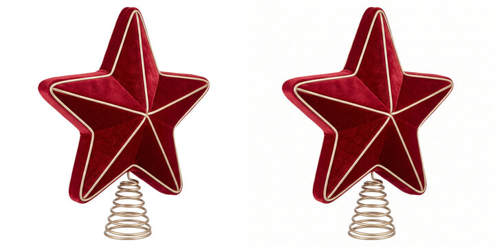 Christmas tree topper star made of red velvet with gold trim mounted on a coiled spring base in PNG isolated on transparent background