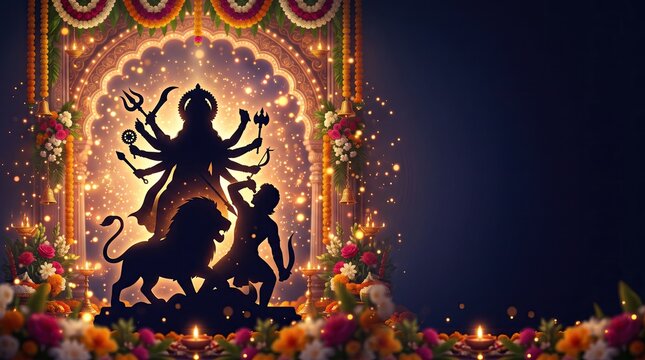 Silhouette of Goddess Durga idol with lion and demon in a festive temple setting with copy space