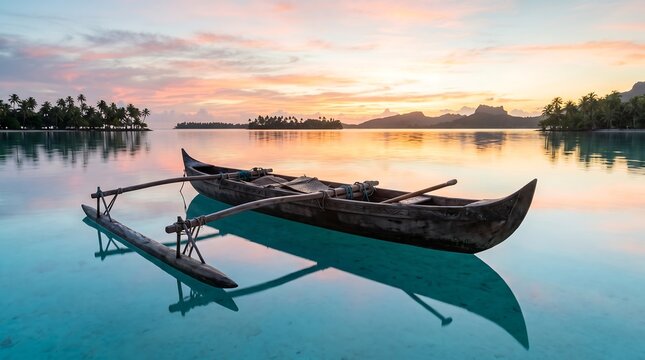 Traditional wooden outrigger canoe on calm tropical lagoon water at pink sunset with distant islands