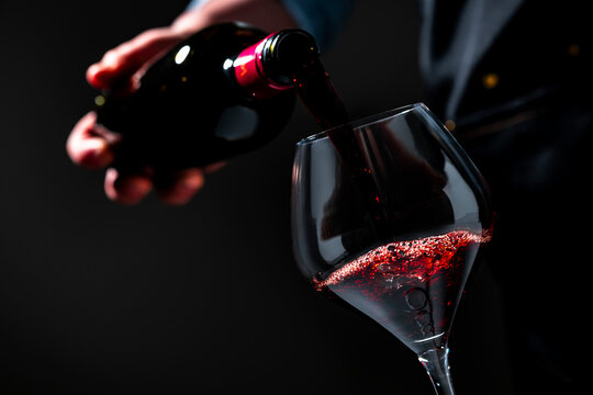 Premium Pinot Noir red wine in crystal glassware &mdash; professional tasting room event. Skilful sommelier with bottle serving alcohol in restaurant. Luxury lifestyle, elegant catering service.