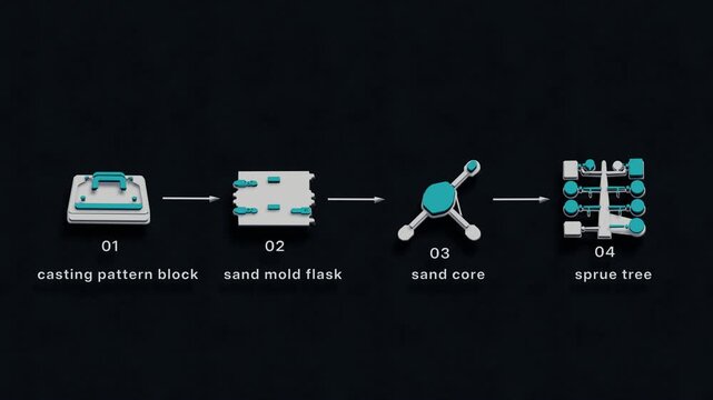 A casting setup aligns the pattern, flask, core, gates, risers and vents into a staged route for one pour. Flat 3D style with smooth matte surfaces; objects numbered and labelled in English.