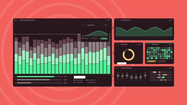 Animated bandwidth usage layers nearing in coral and magenta on a deep dark background. Seamless looping 4K dashboard motion graphics with free space for text, ideal for product videos, business prese